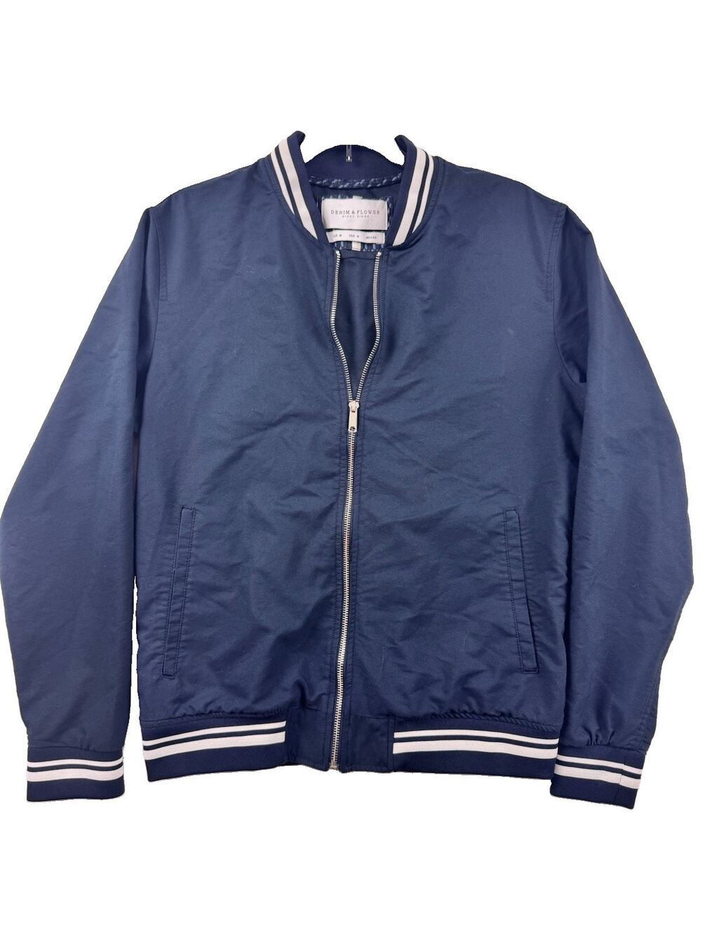 Denim & Flower Men’s Medium Navy Blue Bomber Jacket White Stripe Ribbed Trim